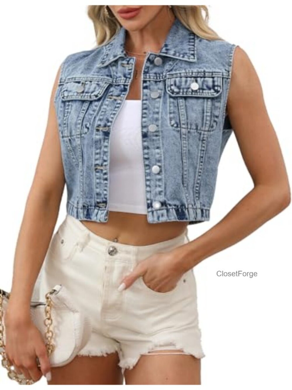 Cropped Denim Vest Sleeveless Jean Vest with Pockets Casual Gilet Y2K